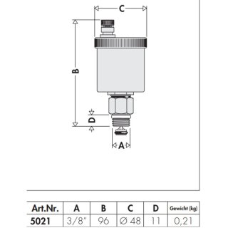 CALEFFI automatischer Schnellentlüfter 3/8 AG, 5021, bis 10 bar, 110°C
