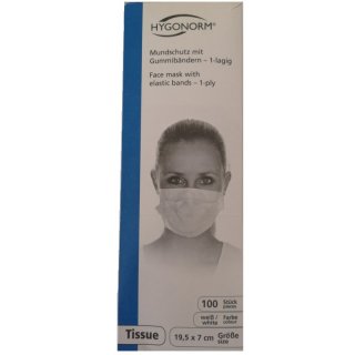 Hygonorm Mundschutz mit Gummibändern 100er Pack, 1 lagig, weiß, 29109